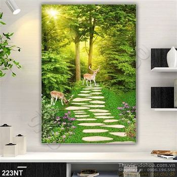 Tranh con đường vào rừng xanh và đàn hươu