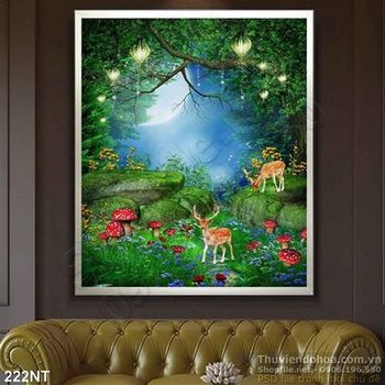 Tranh khu rừng cây và đàn hươu trang trí phòng bé