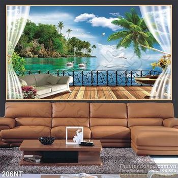 Tranh ban công nhìn ra hồ nước