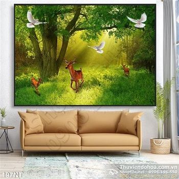 Tranh phong cảnh khu rừng và đàn hươu