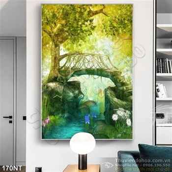 Tranh sơn dầu cây cầu bắc qua suối nghệ thuật