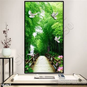 Tranh phong cảnh rừng tre và cây cầu