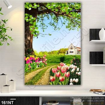 Tranh con đường hoa tulip và biệt thự
