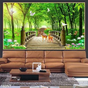 Tranh phong cảnh rừng và cây cầu
