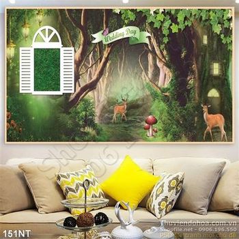 Tranh cửa sổ và khu rừng trang trí phòng bé