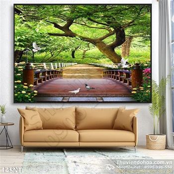 Tranh phong cảnh cây cầu và khu rừng