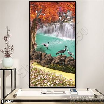 Tranh thác nước và chim Hạc nghệ thuật