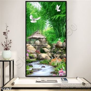 Tranh rừng tre và dòng suối
