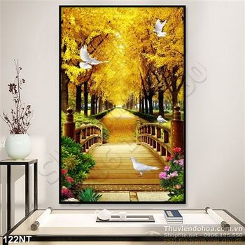 Tranh cây cầu và hàng cây mùa thu