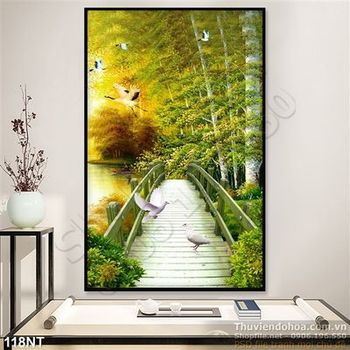 Tranh cây cầu và phong cảnh rừng
