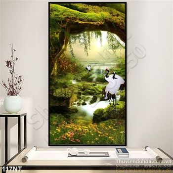 Tranh chim Hạc và thác nước