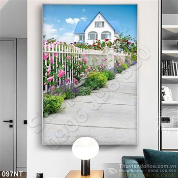 Tranh ngôi nhà và hàng rào hoa hồng