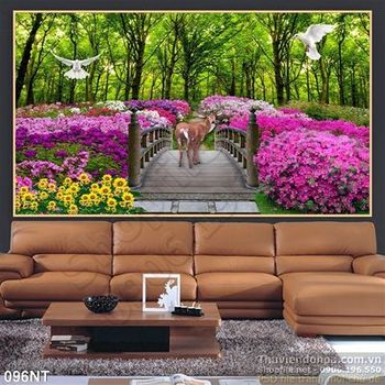 Tranh cảnh khu rừng mùa xuân và hươu