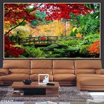 Tranh cây cầu trong công viên mùa thu