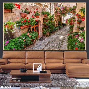 Tranh con đường hoa trong phố cổ