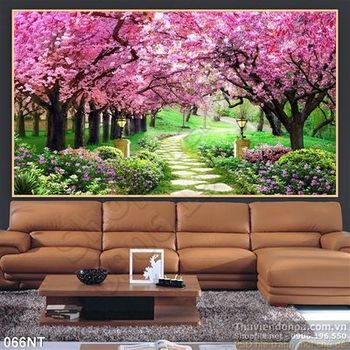 Tranh con đường trong rừng đào mùa xuân