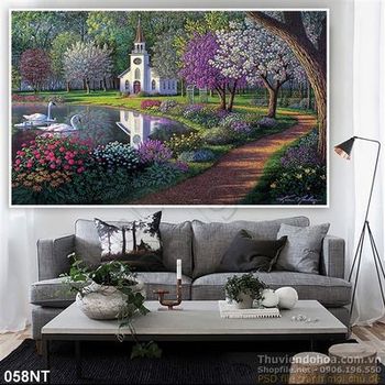 Tranh sơn dầu chim thiên nga và ngôi biệt thự