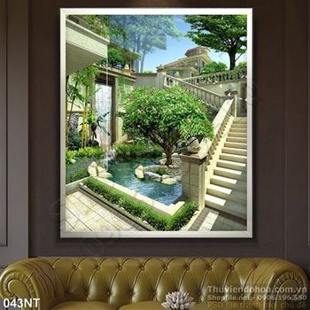 Tranh sân vườn nhà biệt thự cổ