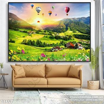 Tranh phong cảnh rừng núi và khí cầu