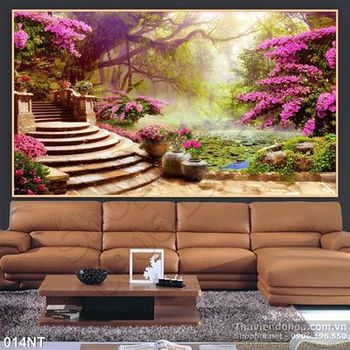 Tranh phong cảnh mùa xuân và hồ Sen