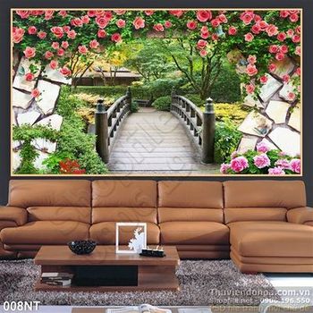 Tranh cây cầu Nhật Bản và hoa hồng dây leo