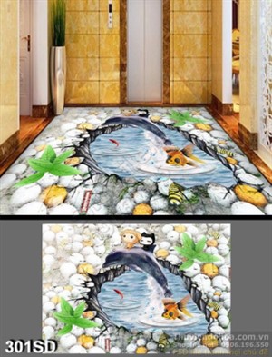 Tranh cá heo và bãi sỏi in sàn