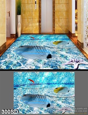 Tranh cá và mặt nước xanh in sàn 3D