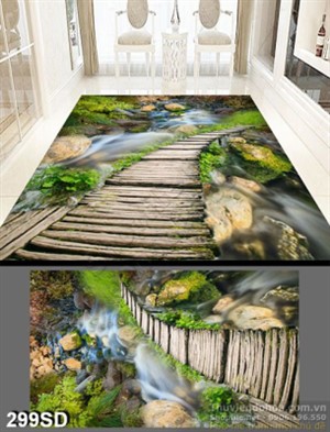 Tranh cây cầu qua suối trong rừng