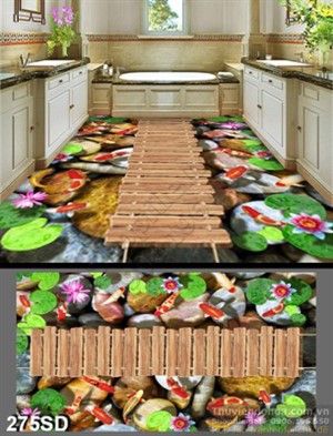 Tranh cây cầu trên hồ cá chép