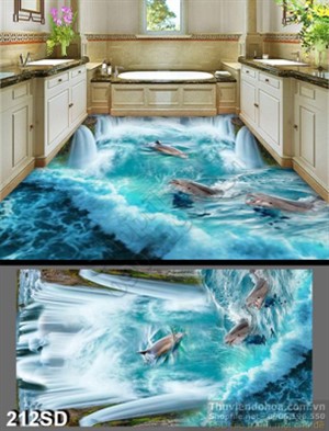 Tranh thác nước và cá in sàn 3D