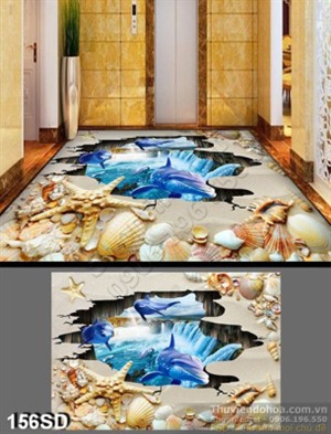 Tranh psd cá heo và sò in gạch 3D chất lượng cao 
