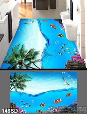 Tranh mặt biển xanh và cá