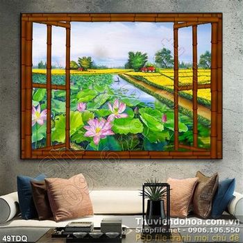 Tranh làng quê đầm hoa sen đẹp