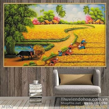 Tranh làng quê con đường và cánh đồng lúa vàng