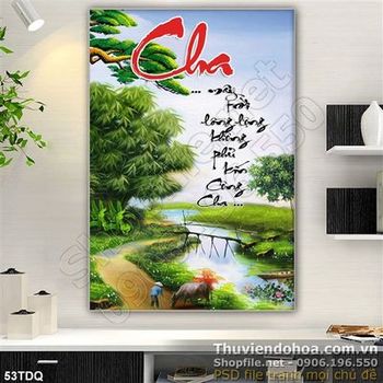 Tranh làng quê lũy tre già và chữ thư pháp
