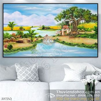Tranh đồng quê nông thôn sơn dầu cây đa ở cổng làng