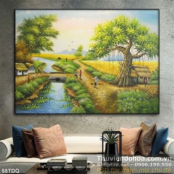 Tranh làng quê cây đa đầu làng
