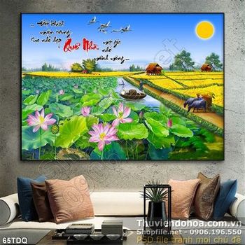 Tranh đồng quê nông thôn đầm hoa sen giữa cánh đồng lúa