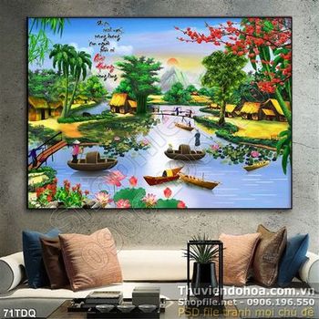 Tranh đồng quê sơn dầu người dân sống trên thuyền