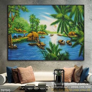 Tranh làng quê dòng sông xanh và những con thuyền nhỏ