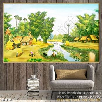 Tranh làng quê những ngôi nhà bên dòng sông xanh