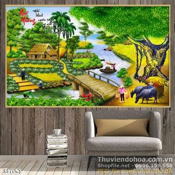 Tranh đồng quê nông thôn cây đa và con trâu