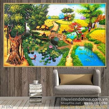 Tranh đồng quê cây đa cổ thụ và đầm hoa sen psd