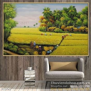 Tranh làng quê ruộng lúa chín vàng