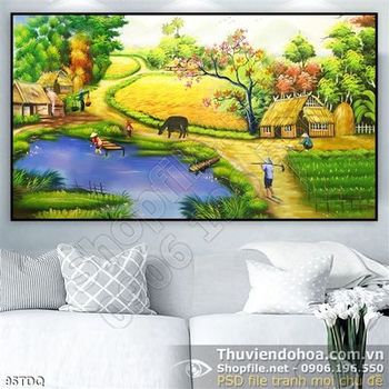 Tranh đồng quê xưa ngôi nhà nhỏ bên cánh đồng