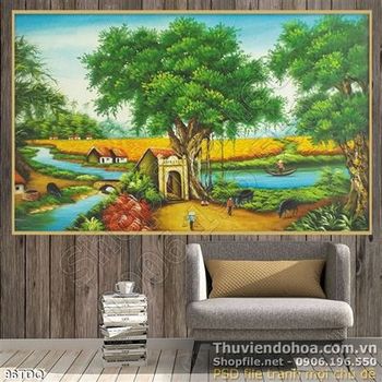 Tranh đồng quê công làng và cây đa lớn