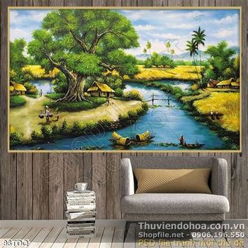 Tranh làng quê dòng sông và cây đa cổ thụ