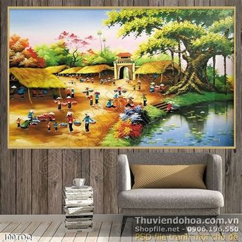 Tranh đồng quê nông thôn phiên chợ quê và cây đa lớn
