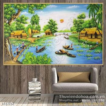 Tranh đồng quê psd phiên chợ quê trên sông