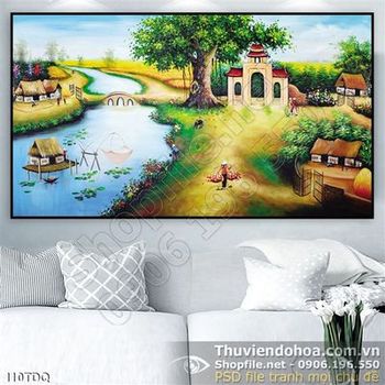 Tranh làng quê Việt Nam cái cổng làng bên cây đa